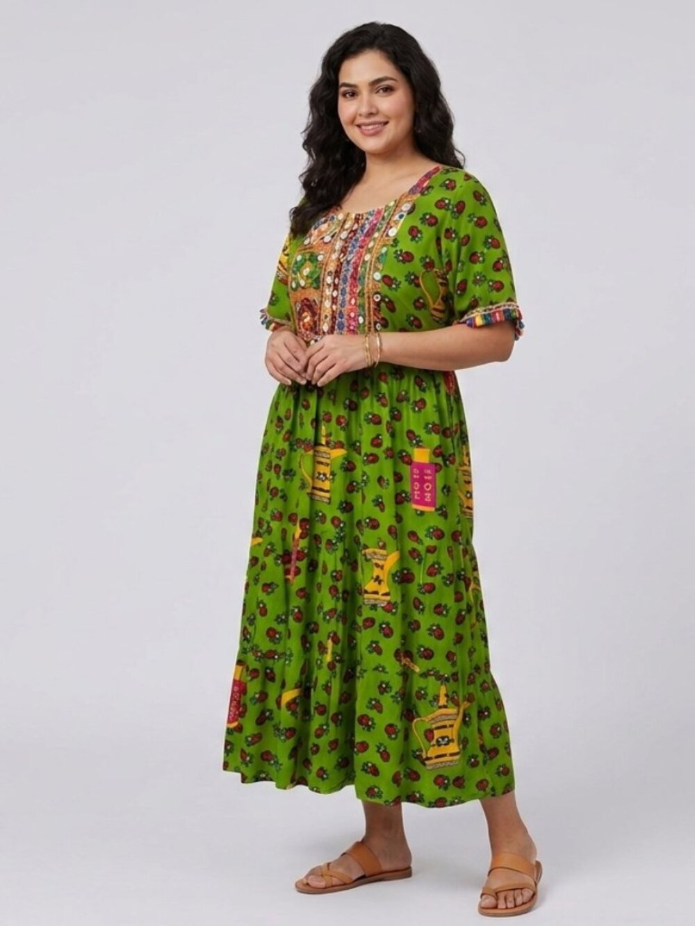 Boho Floral Mirror Work Maxi Dress Embroidered Tassel Cottagecore XXL